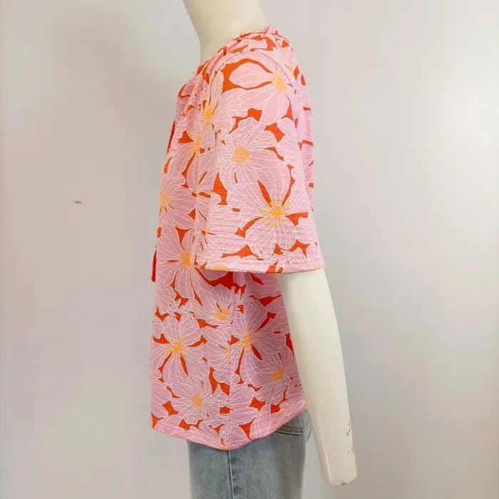 Blouse rose fleurie candy pink manches courtes taille M lien à pompons neuf A966 - photo numéro 3