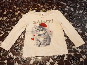 Tee-shirt manches longues blanc imprimé chat