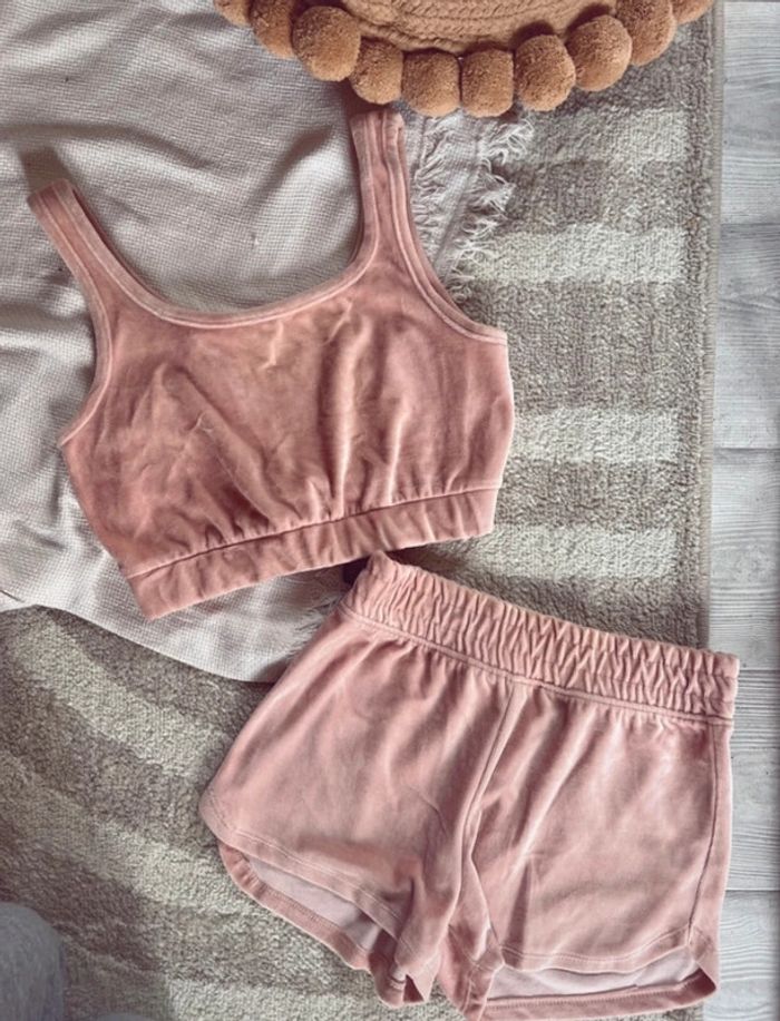 Ensemble femme short et débardeur rose velours xs