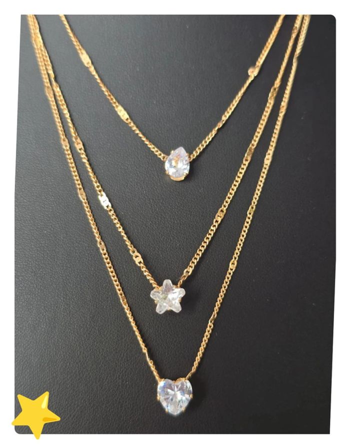 Collier multi-rangs pierre d'ornement goutte/étoile/coeur longueur 39-46cm acier inoxydable dorée - photo numéro 2