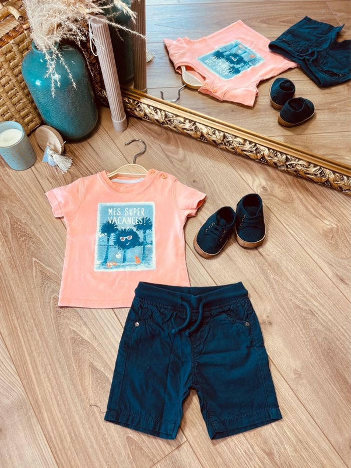 Taille 6 mois ensemble 2 pièces d’été garçon TAO Gemo orange et bleu marine * vacances * 💙