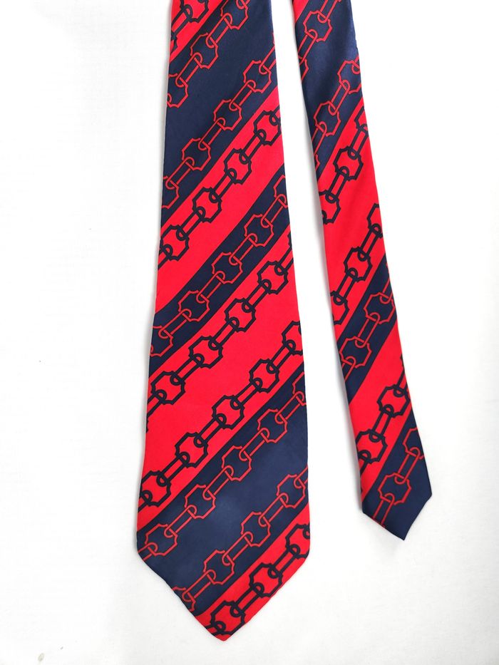 Cravate Jean Patou Soie Homme Rouge Marine Chaîne Maillons Motif Luxe Vintage - photo numéro 2