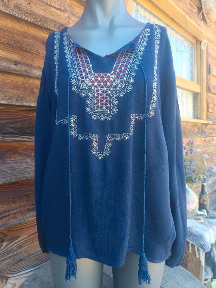 Haut tunique courte bleue col V