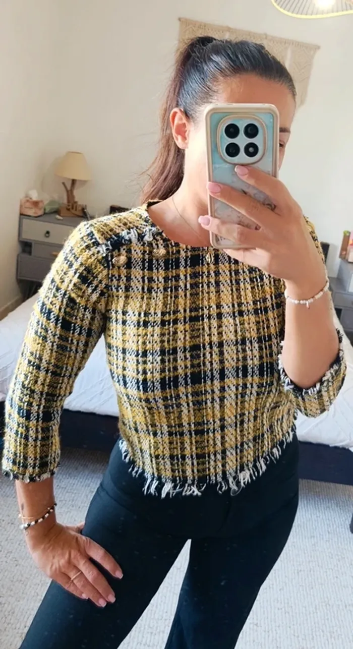 Blouse en laine tweed top Zara noir jaune blanc XS boutons doré vintage - photo numéro 2