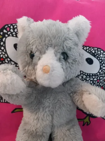 Peluche chat gris vintage aux yeux bleus 34cm