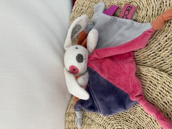 Doudou plat lapin rose violet orange gris blanc OBAIBI