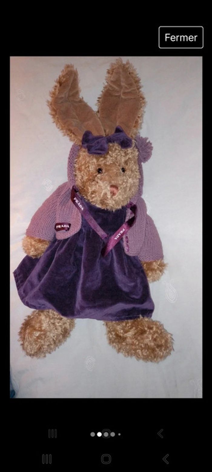Peluche lapin vintage Sia avec gilet tricoté main - photo numéro 4