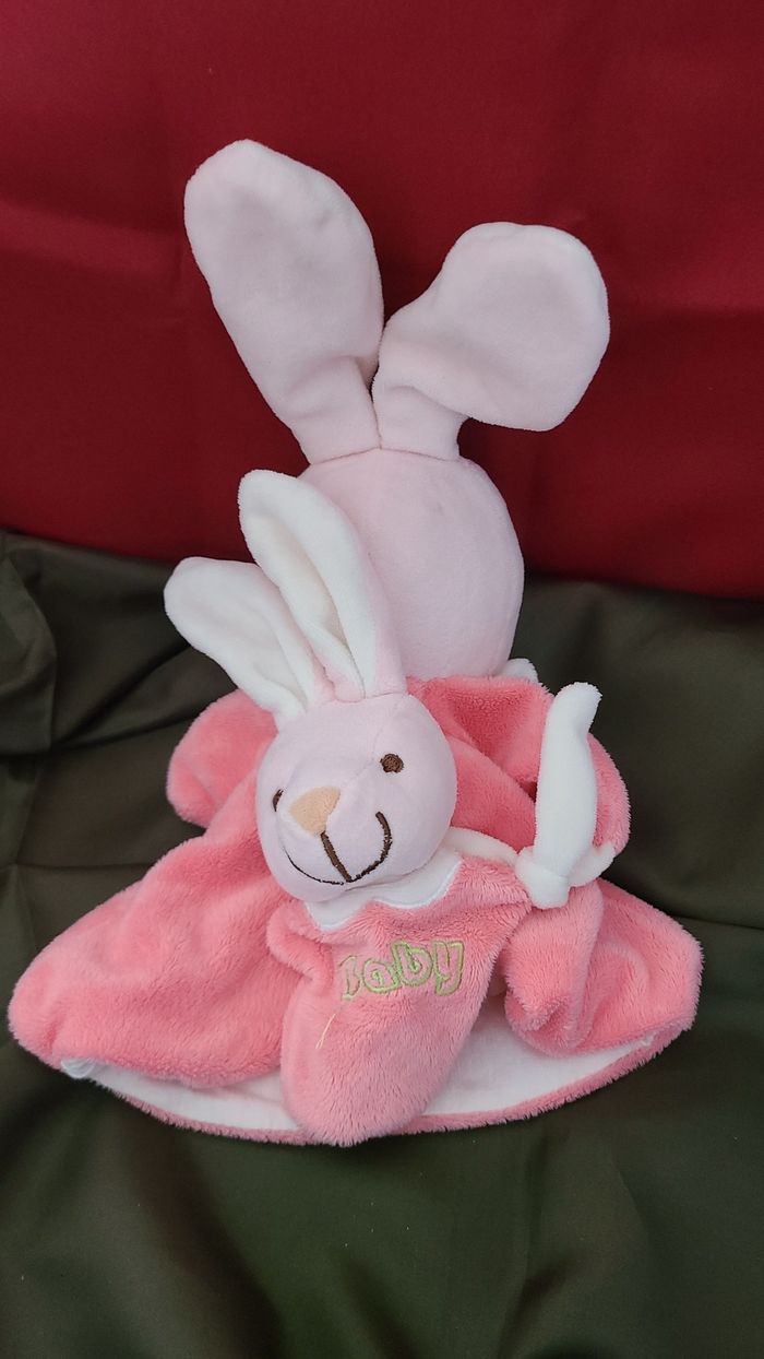 PLAYKIDS CMI Doudou marionnette lapin rose Landau lapinou et bebe - photo numéro 3