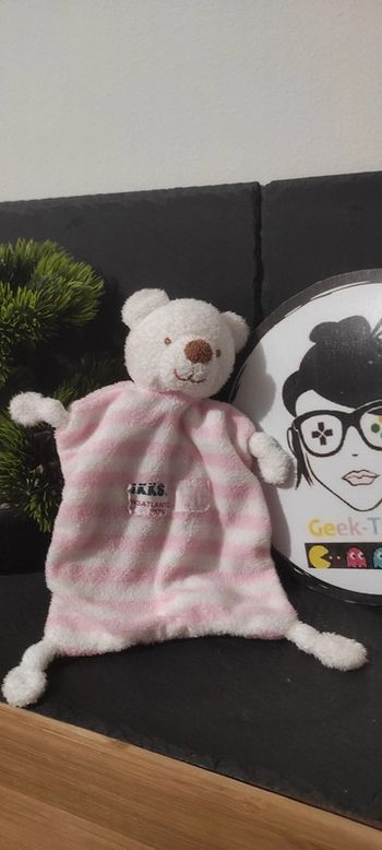 Doudou plat ours blanc rose rayé ikks ansatlantic 2826 Rayure Noeud Publicitaire