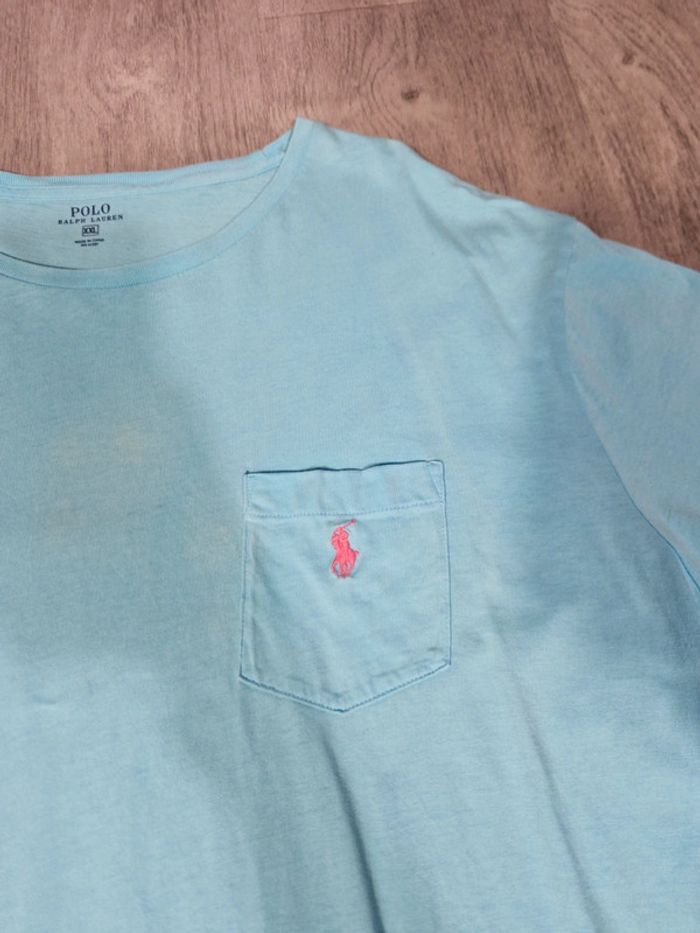 T shirt Ralph Lauren Bleu Ciel Logo Brodé Rose Taille 2XL Homme - photo numéro 4
