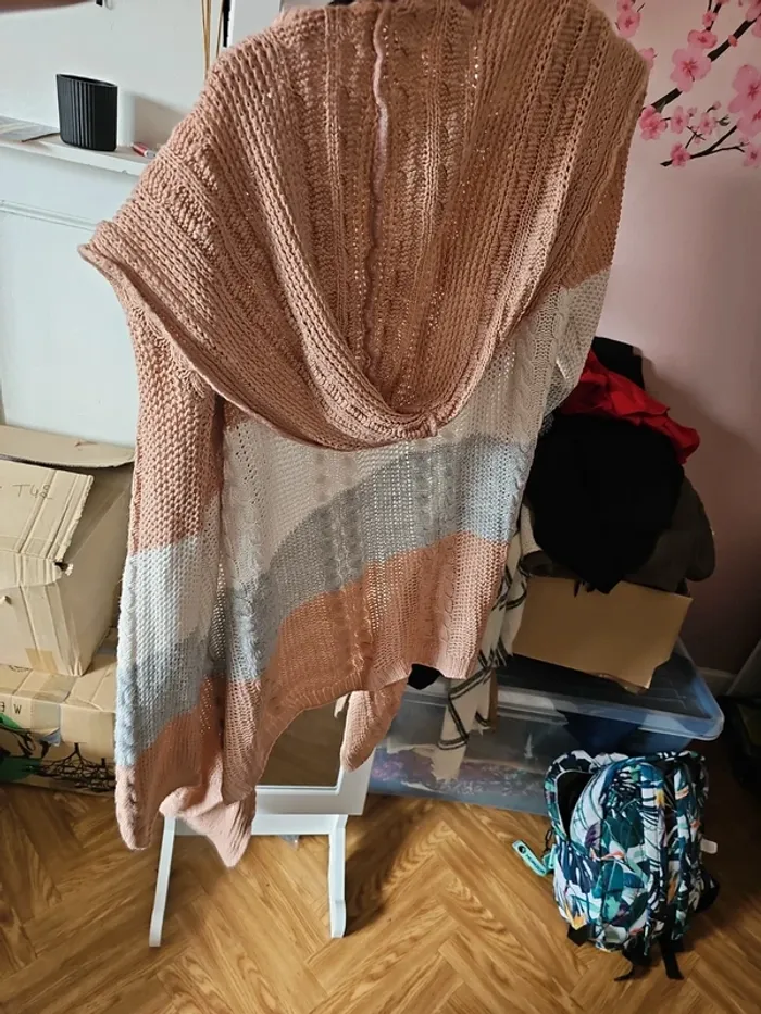 Gilet maille rose blanc gris t42-44 - photo numéro 3