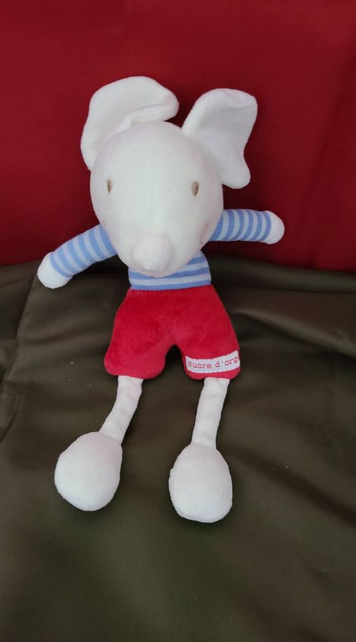 DOUDOU PELUCHE SUCRE D'ORGE SOURIS BLANCHE SHORT ROUGE PULL RAYE - photo numéro 2