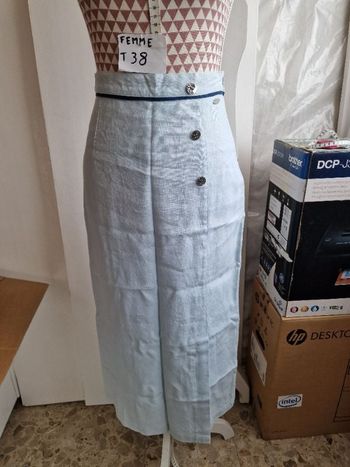 Jupe longue, turquoise, en lin, en très très bon état, longueur 86cm, marque Col Claudine =10€
