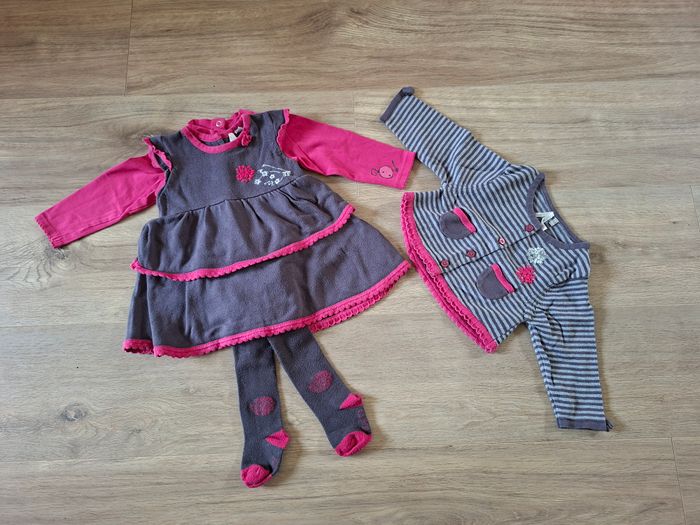 Ensemble 4 pièces gris/rose: robe+ gilet +collant +T shirt assortis Orchestra 9 mois