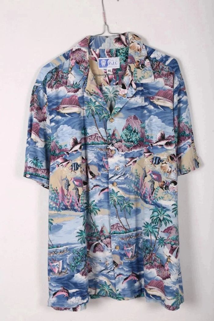 Chemise Hawaïenne vintage 90's en coton motif iles et poissons made in USA (#250025)