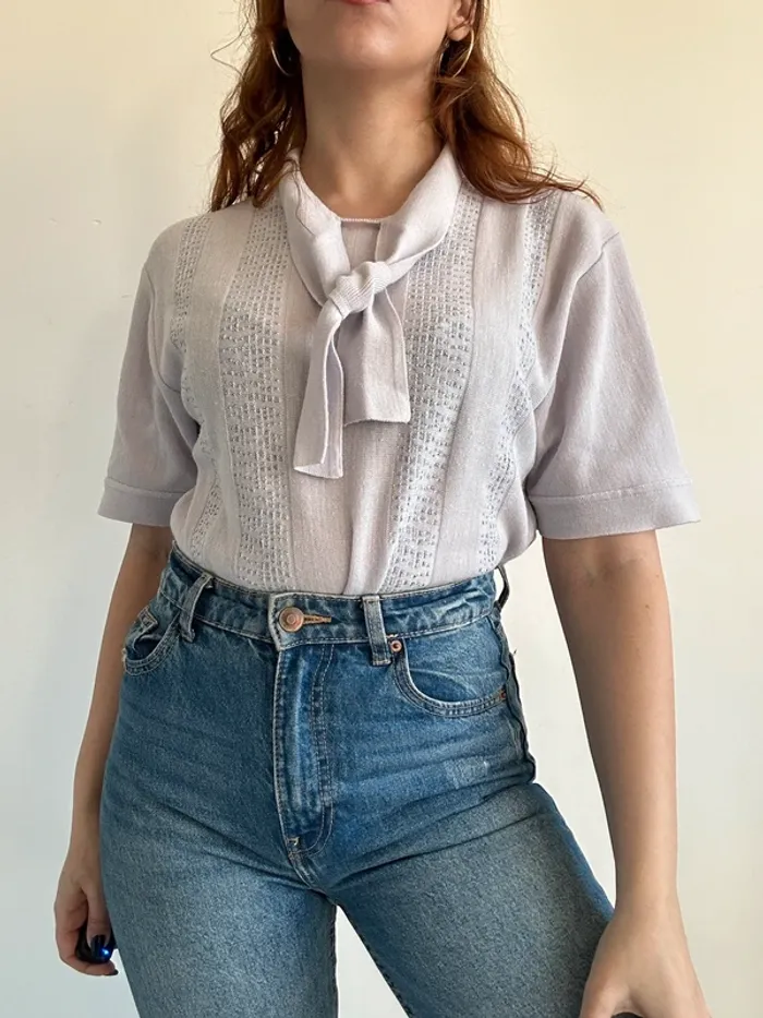 Haut vintage parme en laine à nouer manches courtes taille M - photo numéro 4