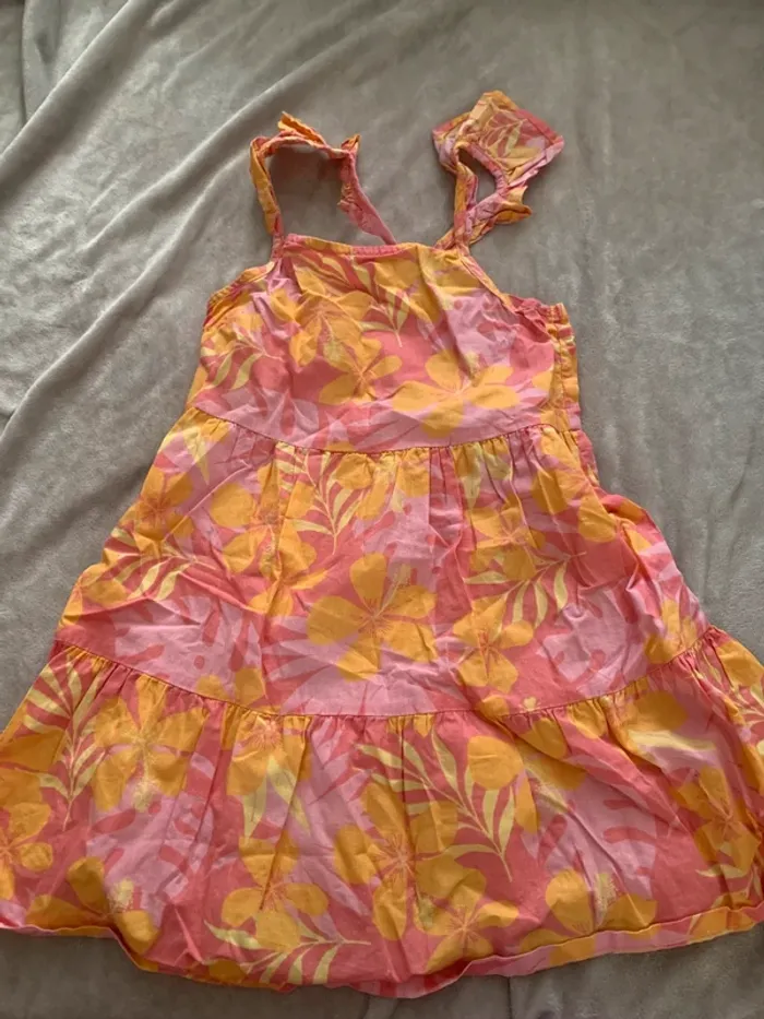 Robe d’été fille fleurs orange et jaune, légère