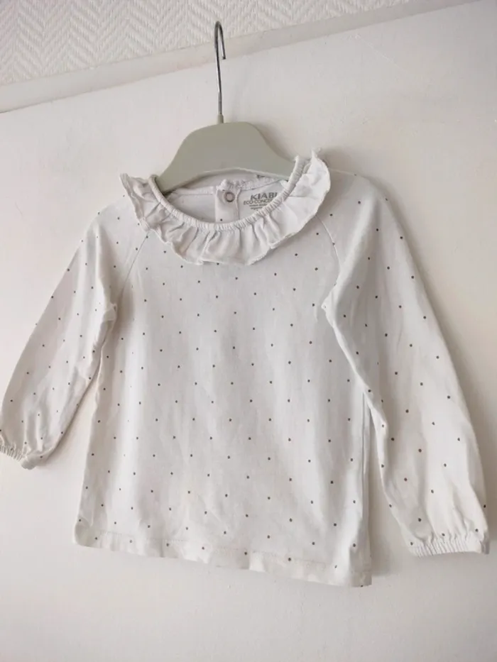 (a) t-shirt blanc à pois + col Kiabi 12mois