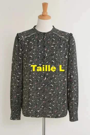 Tunique manche longue noire motif oiseaux blanc kaki rose Beckaro Taille L