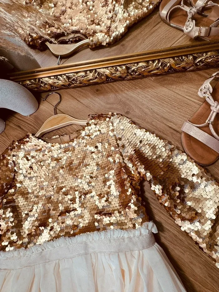 Taille 8 ans Robe longue créateur fille TAO crème bronze * sequins tulle * 💞 - photo numéro 2