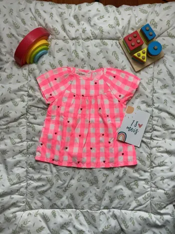 blouse manches courtes a carreaux blanc et rose fluo 18 mois du pareil au même