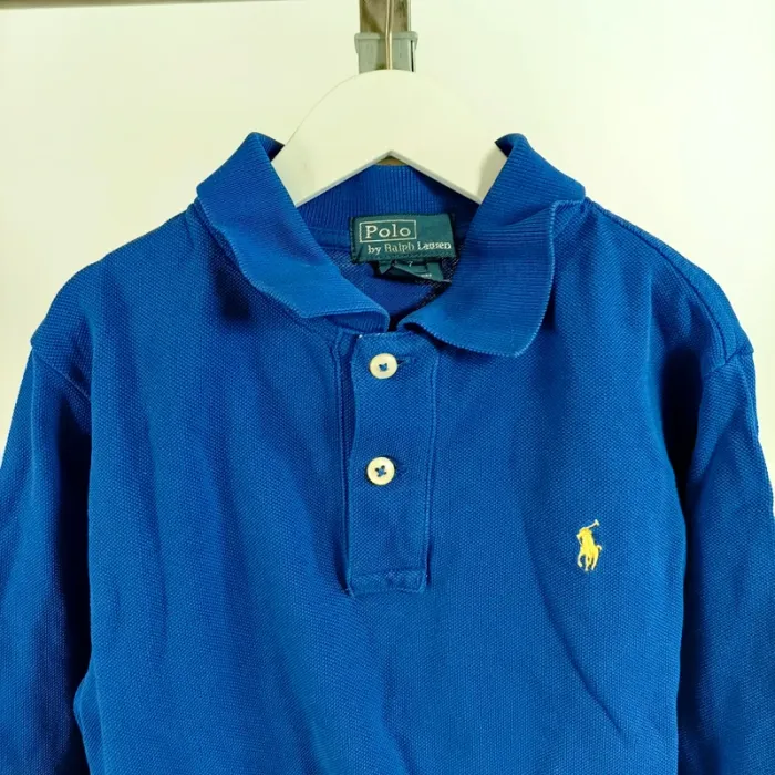 Polo manches longues bleu coton logo brodé jaune Ralph Lauren garçon casual sport 7 ans A1432 - photo numéro 3