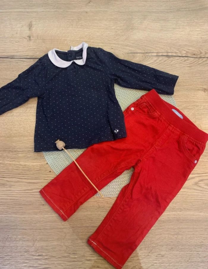 Ensemble fille pentalon rouge et haut bleu - 12mois - obaibi - photo numéro 6