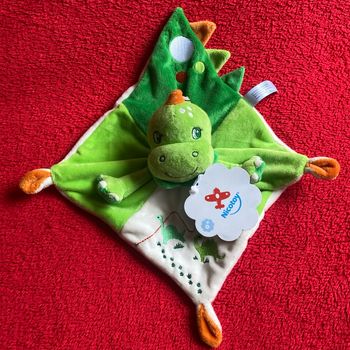 🇫🇷 Nicotoy peluche doudou plat dinosaure vert blanc brodé 100 % neuf 