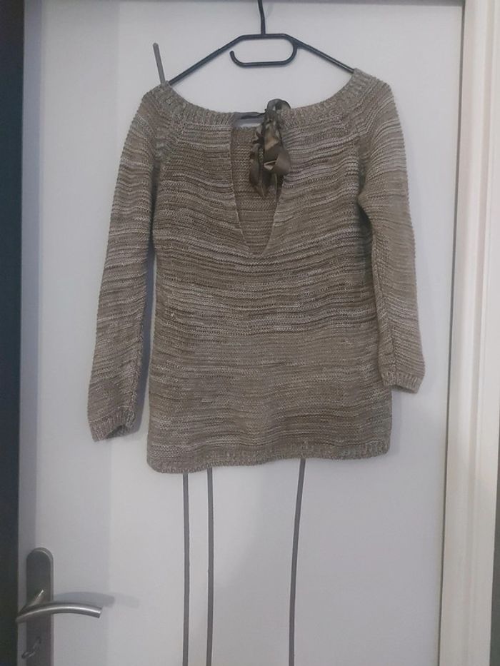 Pull taupe taille unique détails noeud dos - photo numéro 2