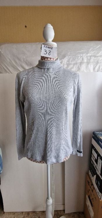 Tee-shirt col roulé, gris, en très très bon état, en coton & elasthanne, longueur 56cm
