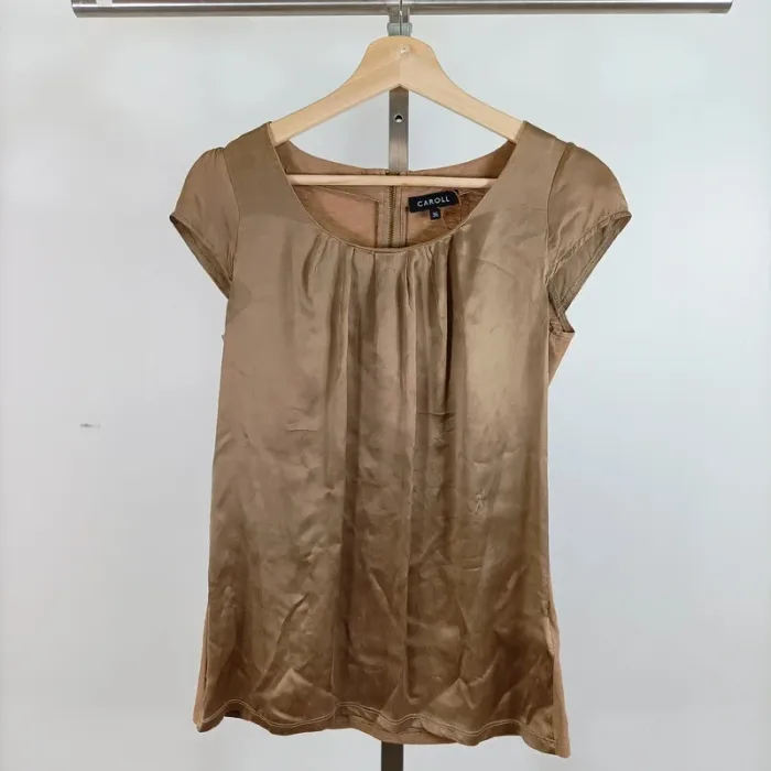 Top satin/100%coton beige - Caroll - Taille 36 - Détails soie A529