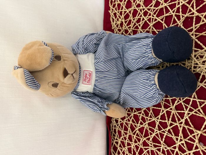 Peluche lapin TARTINE ET CHOCOLAT marron bleu rayé 40 cm - photo numéro 3