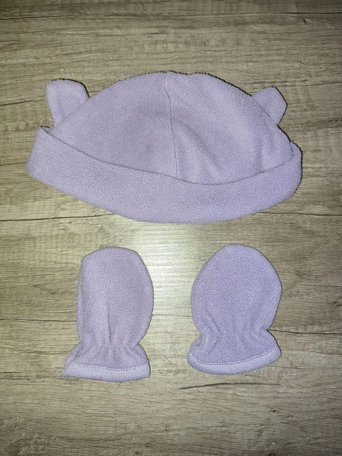 Bonnet et moufles lilas 0/3 mois les p'tits babies #Fille3mois