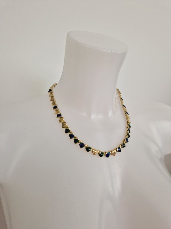 Collier vintage doré avec du bleu, vert - photo numéro 3