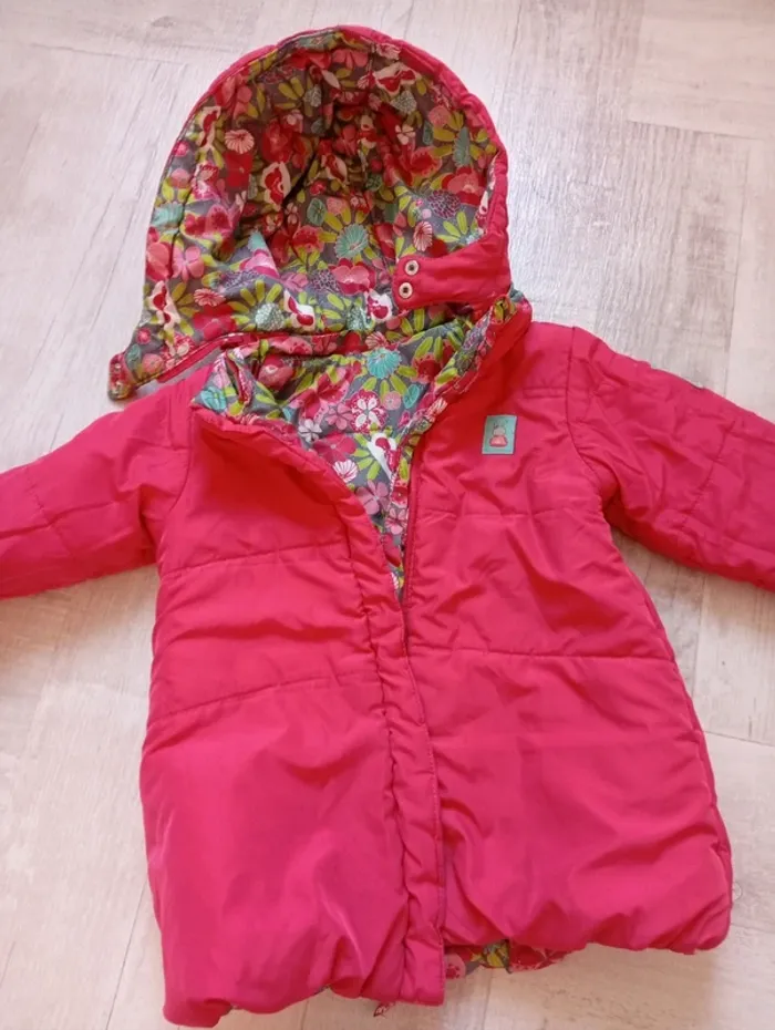 Manteau doudoune réversible 36 mois 3 ans motif fleurs ou uni - photo numéro 4