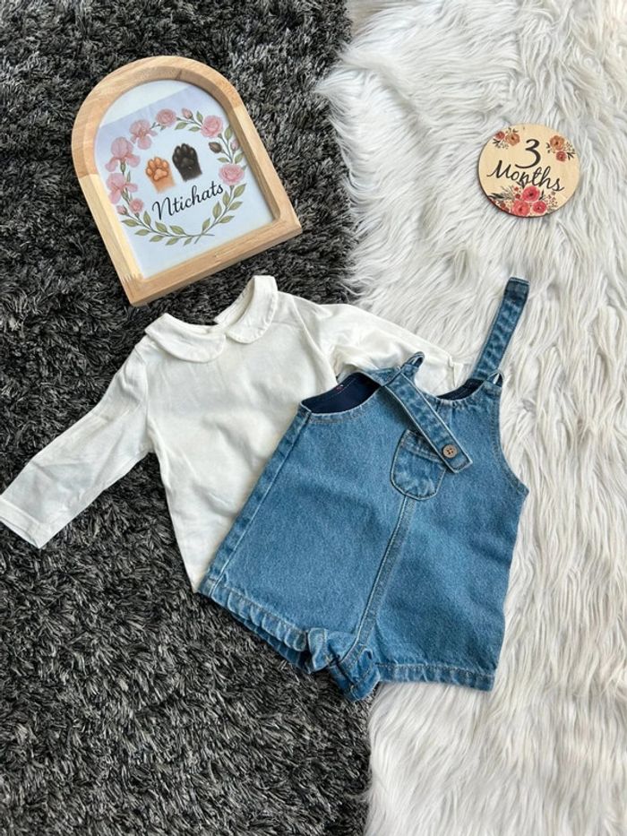 Ensemble Bébé Kiabi 3 Mois - Salopette Short Denim et Body Col Claudine