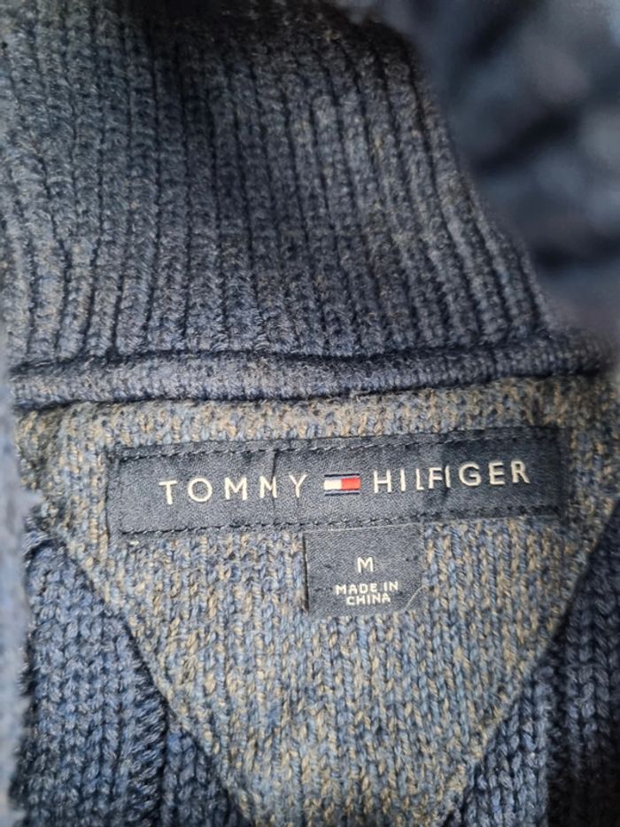 Pull col châle torsadé Tommy Hilfiger rayé bleu & gris – Taille M Homme (mesures en photos) - photo numéro 5