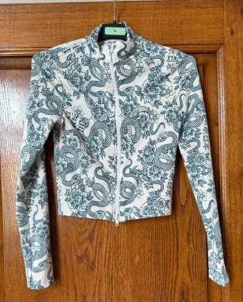Cardigan zip blanc motifs dragons fleurs bleu/vert taille s Jennyfer