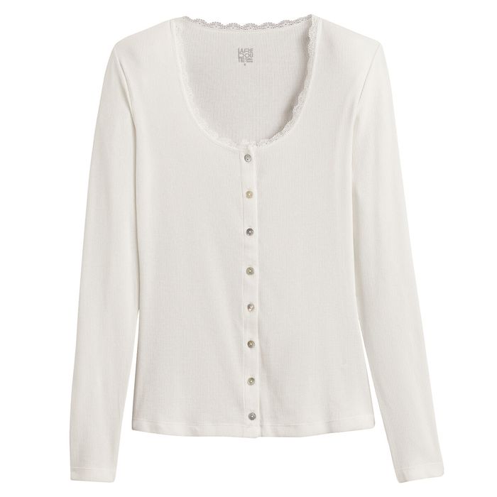 T-shirt boutonné manches longues, détail dentelle - taille XL - couleur ivoire - La Redoute Collecti - photo numéro 1