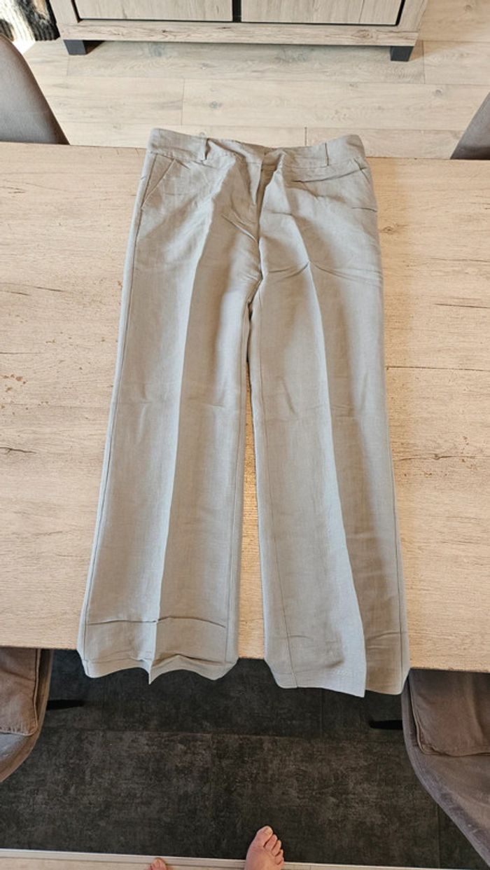 Pantalon gris léger en lin et viscose, jambes larges, Kiabi, 42, neuf - photo numéro 2