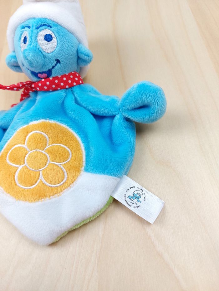 Doudou plat hochet schtroumpf JEMINI fleur jaune bleu vert écharpe rouge pois - photo numéro 2