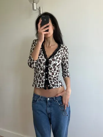 Top caraco à manches longues en mesh transparent pimprimé léopard dentelle noir sexy vintage y2k