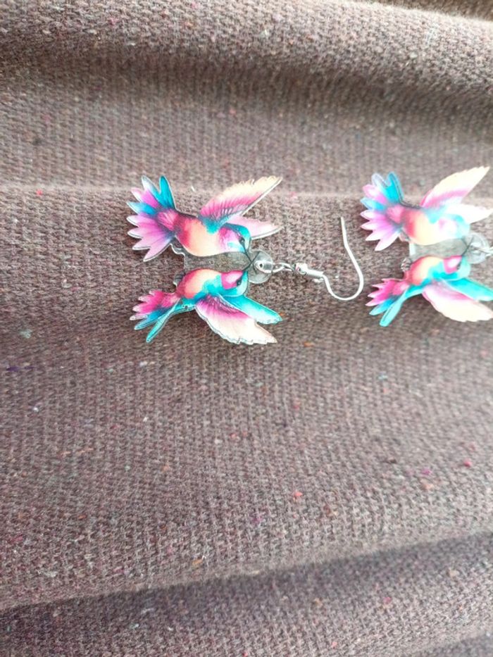Boucles d'oreilles oiseaux colibris rose - photo numéro 3