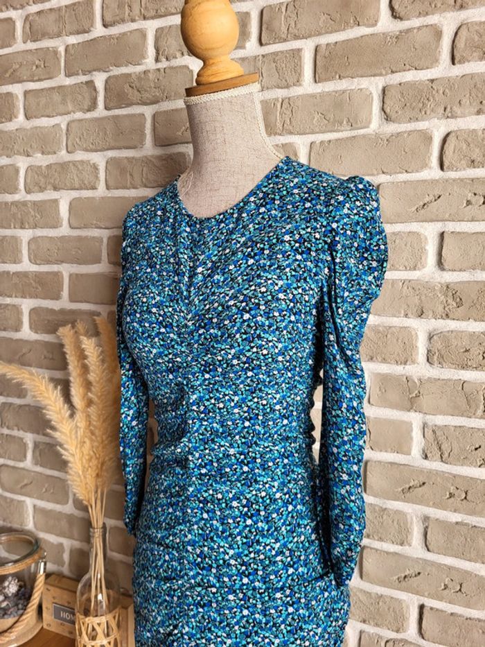 Robe bleue fleurie Zara fronces et manches ballon - photo numéro 8