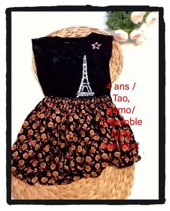 4 ans Ensemble/ tao, gemo jupe fleurie doublé et Tee-shirt tour eiffel a sequin printemps été /excellent état comme neuf