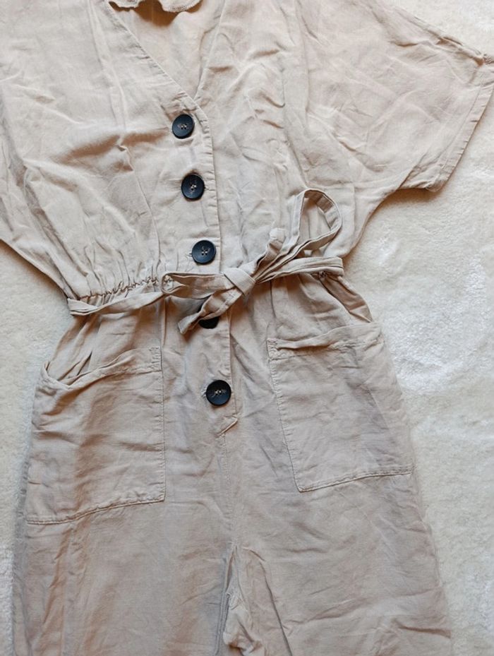 Combinaison Zara Basic S beige crème avec gros boutons et ceinture assortie coton lin - photo numéro 7