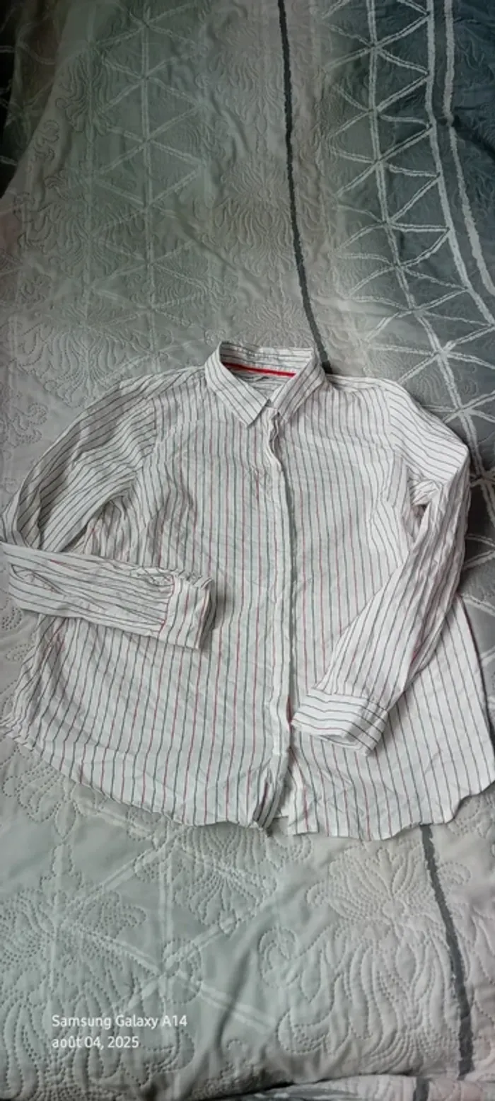 Chemise longue manches longues avec rayures bleu blanc rouge blanche femme 44 phildar - photo numéro 12