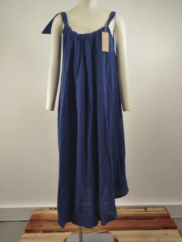 Robe longue Quintessence bleue gaze de coton made in France taille unique bretelles nouées A1615 - photo numéro 3