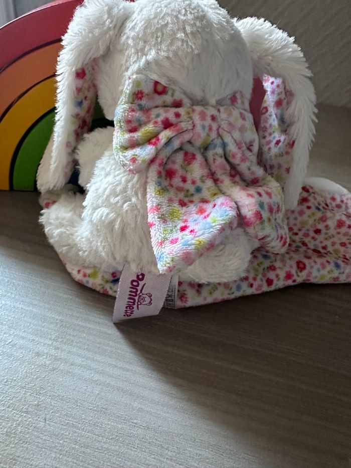 Doudou Lapin blanc mouchoir fleurs oiseau rose Pommette - photo numéro 3