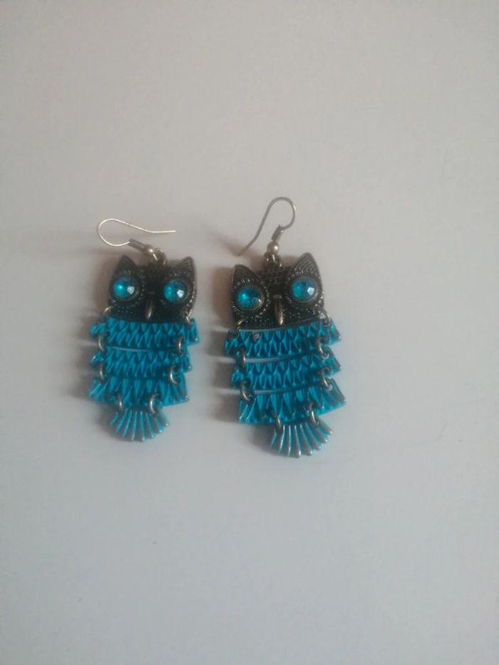 🌸Boucles d'oreille articulées hibou bleu "Vintage" 🌸 - photo numéro 3